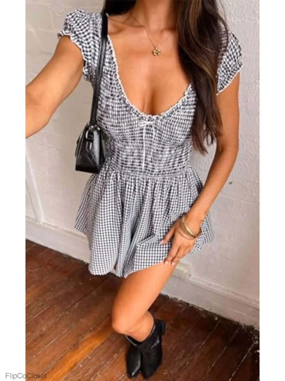 Women's Gingham Romper Jumpsuit Smocked High Waist Shorts Casual Summer